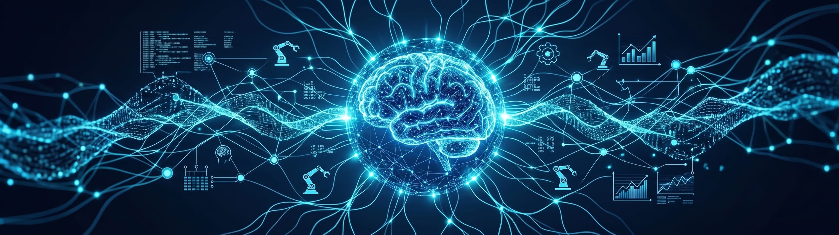 Rete neurale collegata a robot, grafici e flussi di dati